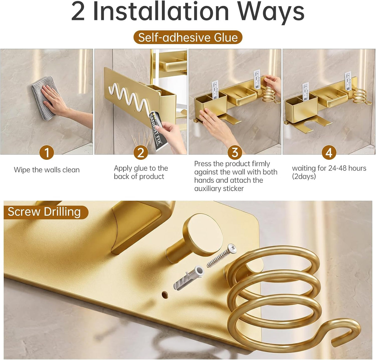 5 in 1 Hair Dryer Holder Hair Tool Organizer Metal Wall Mount (Gold)