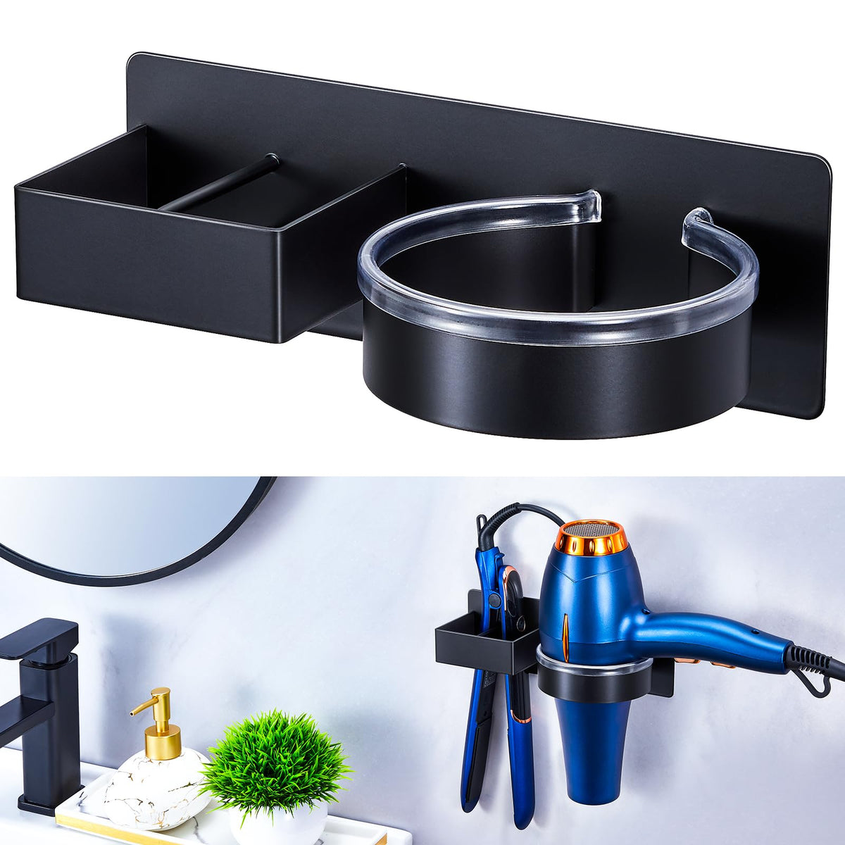 Hair Straightener Holder Wall, Blow Dryer Holder Wall Mounted Hairdryer Holder for Bathroom, Hair Tools Organizer & Storage Curling Iron Holder, Salon Hair Dryer Holder (Black)