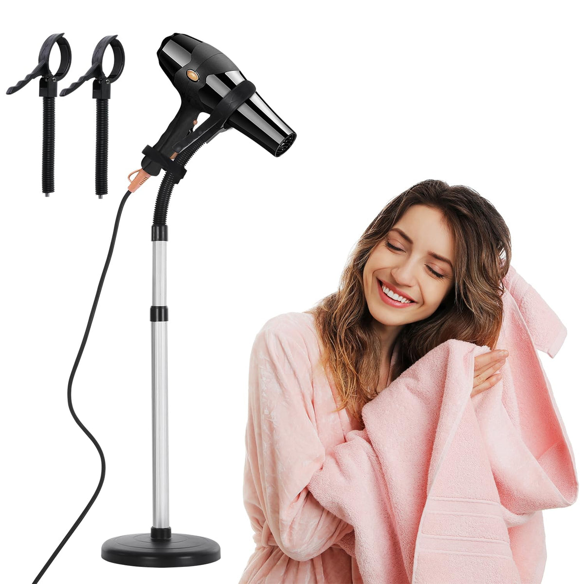 Erytlly Hair Dryer Stand Hands Free 360-Degree Rotating Adjustable Height Metal Hair Dryer Holder Blow Dryer Holder About for 0.5kg Hair Dryer in Bathroom, Vanity, Makeup Room Basic