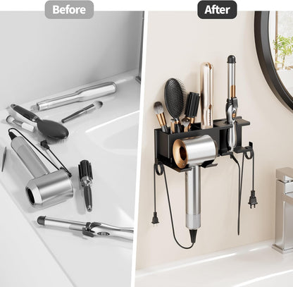 Hair Dryer Holder Hot Tools Organizer, Blow Dryer Holder Wall Mount, Bathroom Hair Tool Organizer Rack for Universal Dryer Black