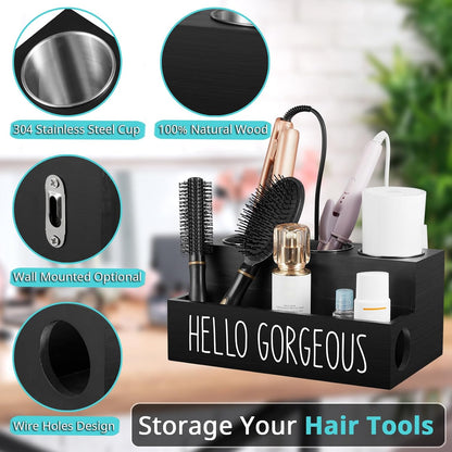 Bivvclaz Hair Tool Organizer, Wooden Hair Dryer Holder Countertop, Wall Mount Hot Tools Organizer for Hair Styling Accessories, Bathroom Supplies Vanity Caddy for Curling Wand, Blow Dryer, Black