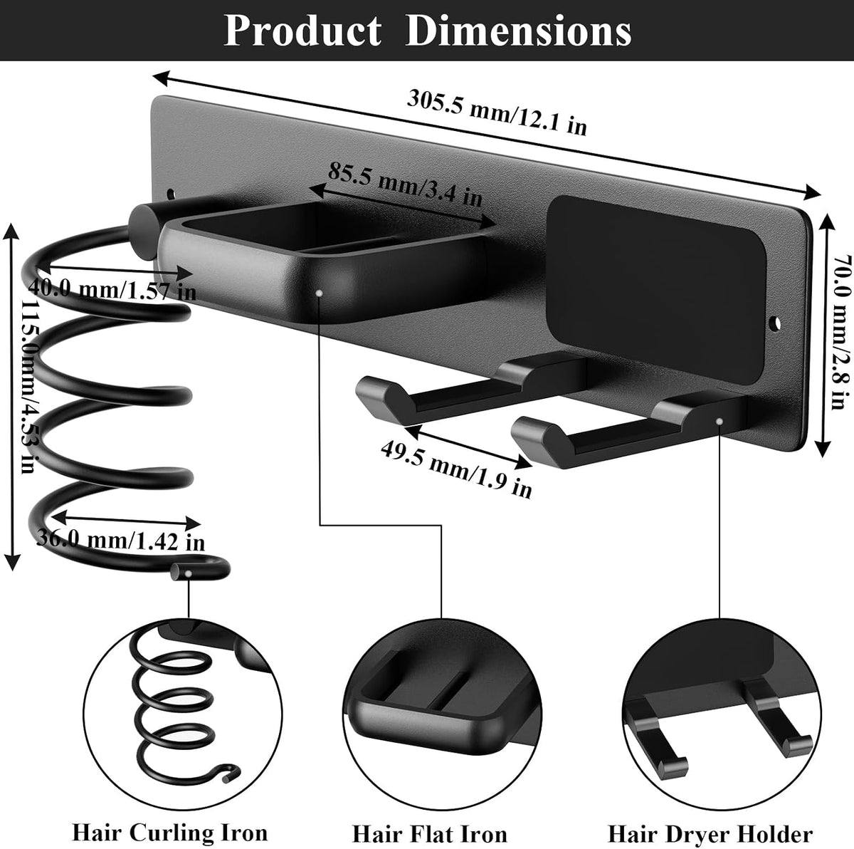 Tindbea Hair Dryer Holder Wall Mount Aluminum Alloy Hot Tools Organizer