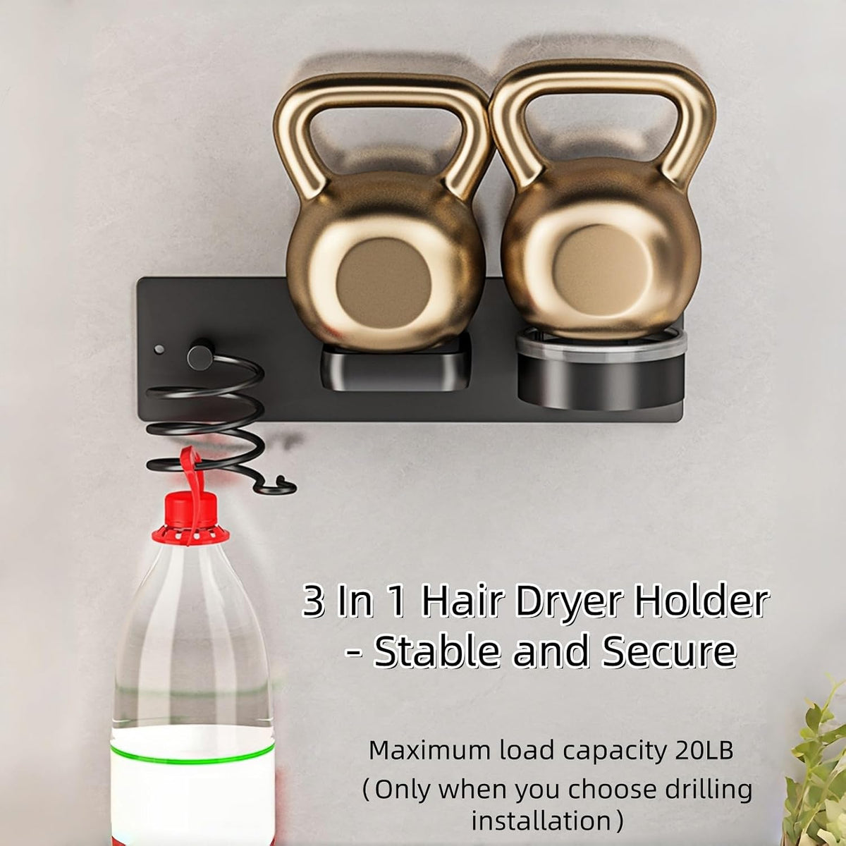 Hair Dryer Holder Wall Mounted Blow Dryer Holder Curling Iron Holder Straightener Holder 3 in 1 Bathroom Metal Hair Tool Organizer Rack（Matte Black）
