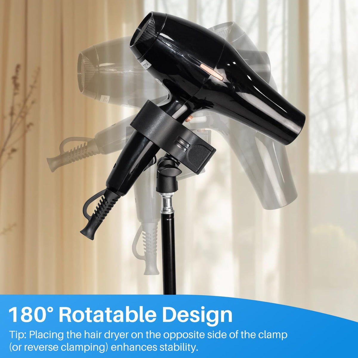 Shouken Adjustable Hands-Free Hair Dryer Stand Holder-64.4 inches,360 Degree Rotation,Blow Dryer Holder Countertop With Non-Slip Tripod and Universal Clip