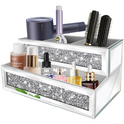 Mirror Hair Dryer Holder. Crystal Crush Diamond Hair Tool Organizer Wall Mount. Silver Bathroom Cabinet Tray for Blow Dryers, Hairdryer Straightener, Brushes and Combs.(10.5”x4”x5”)