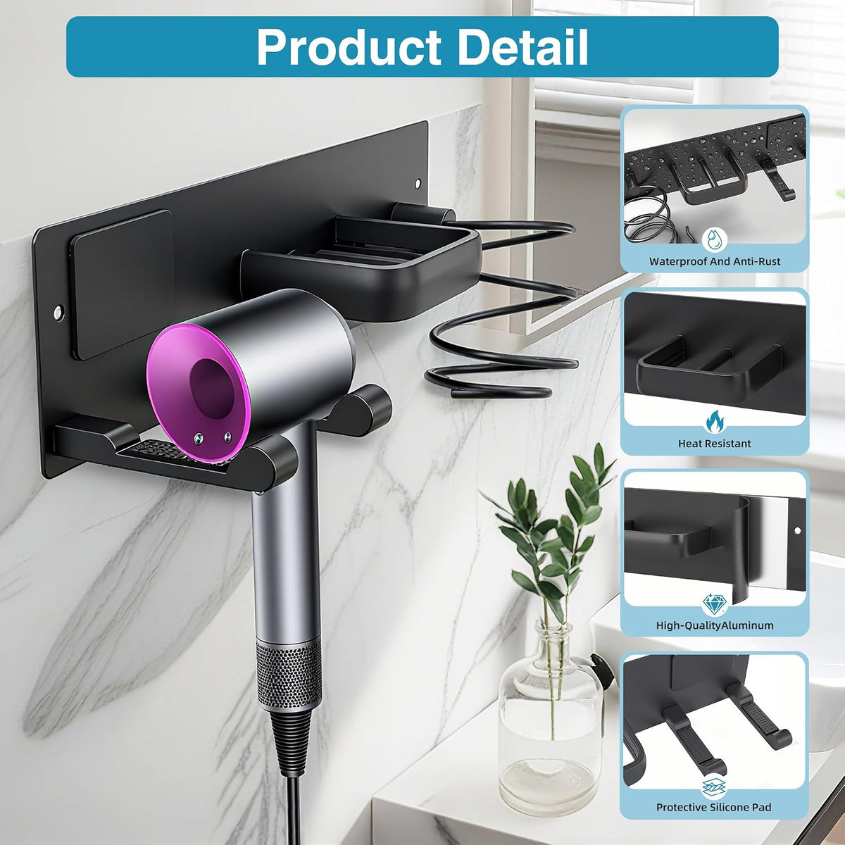 Hair Dryer Holder Hair Tool Organizer Metal Wall Mount(Matte Black)
