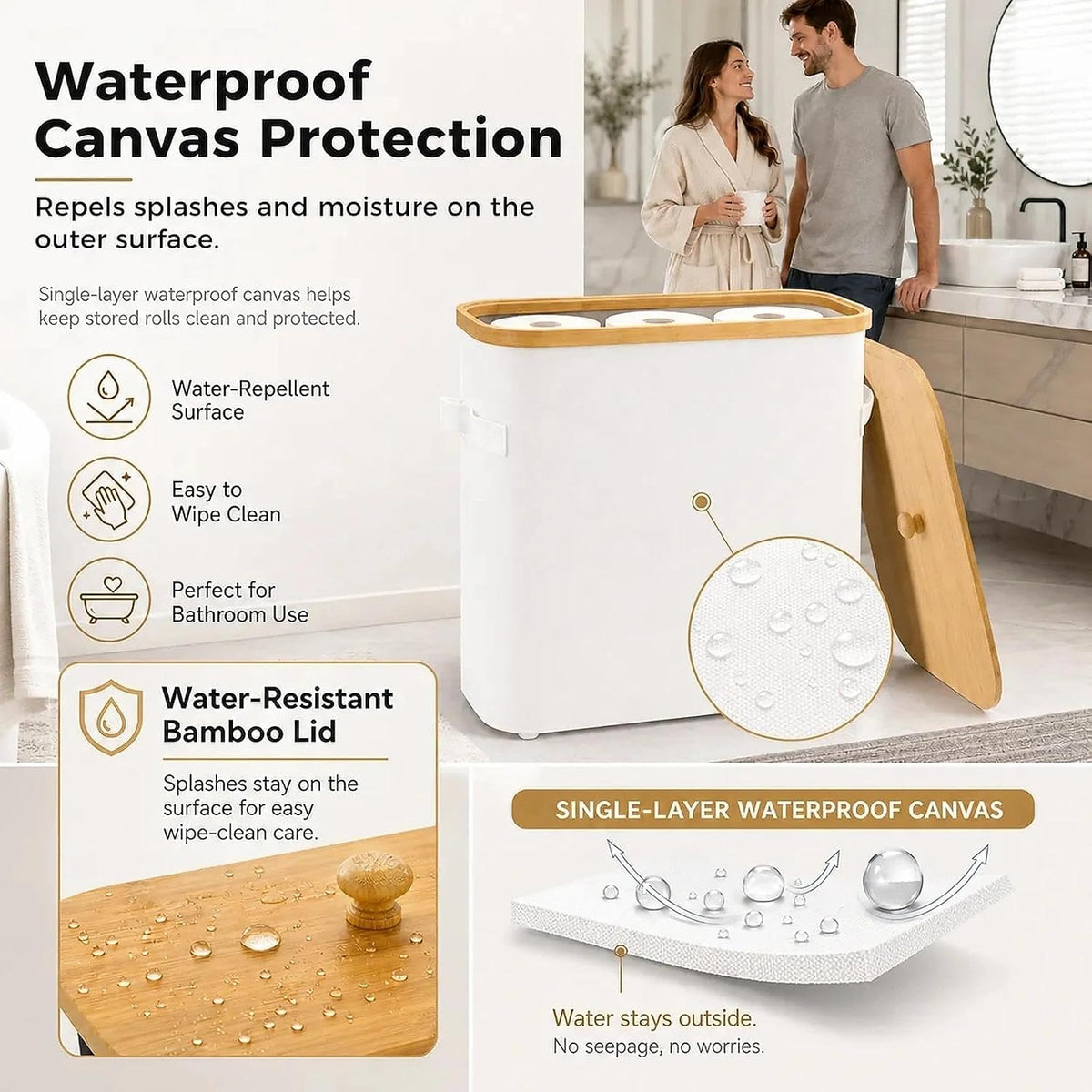 Premium Waterproof Toilet Paper Storage Box with Bamboo Lid - Fits 9 Mega Rolls, 900D Heavy-Duty Fabric Bathroom Organizer Bin with Elevated Base & Handles for Narrow Spaces (17.3"x 6.9"x 15.5")