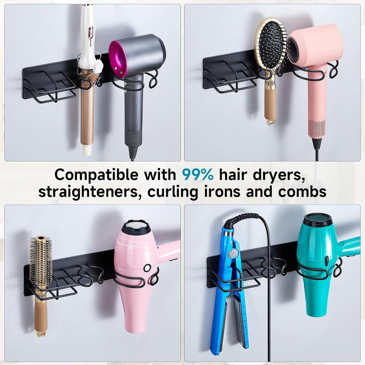 Blow Dryer Holder Wall Mounted Curling Iron Holder, 3 in 1 Hair Tool Organizer for Straightener, Curling Iron, Hair Dryer Holder Adhesive Flat Irons Storage for Bathroom Barber Shop (Black)