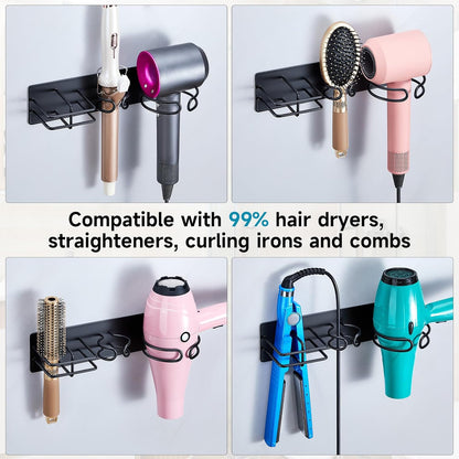 Blow Dryer Holder Wall Mounted Curling Iron Holder, 3 in 1 Hair Tool Organizer for Straightener, Curling Iron, Hair Dryer Holder Adhesive Flat Irons Storage for Bathroom Barber Shop (Black)