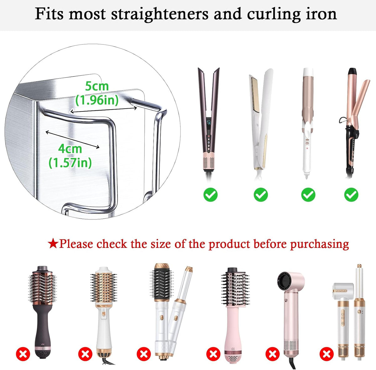 Curling Iron Holder Wall Mount, Hair Straightener Holder with Power Plug Stand, Stainless Steel Hair Tool Organizer for Flat Iron and Hot Tools, Silver