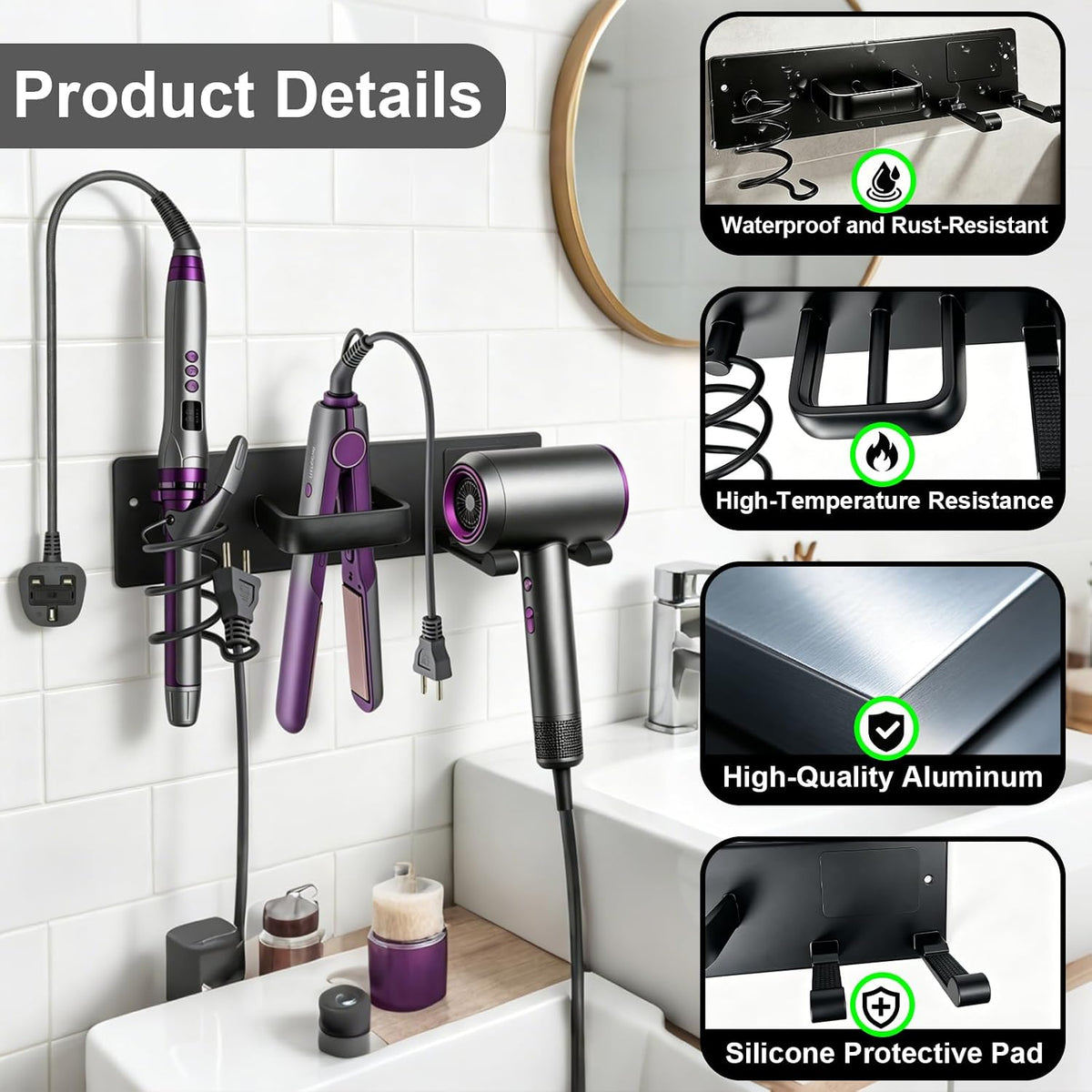 Hair Dryer Holder Wall Mount, Easy Assemble Hair Tool Organizer