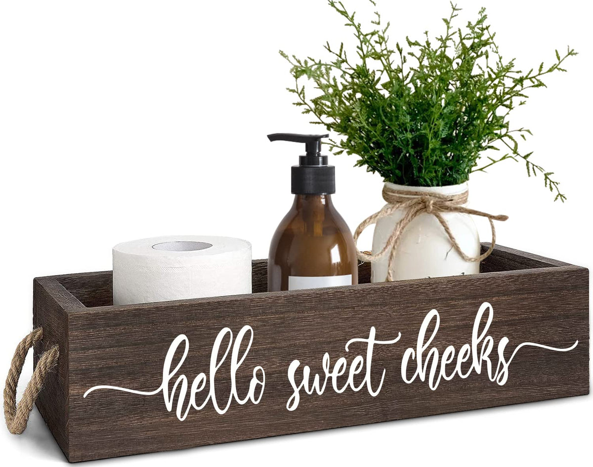 PZJIEAN Funny 2 Sides Hello Sweet Cheeks White Bathroom Decor Box with Handle, Farmhouse Bathroom Decor Box for Toilet Paper, Back of Toilet Organizer