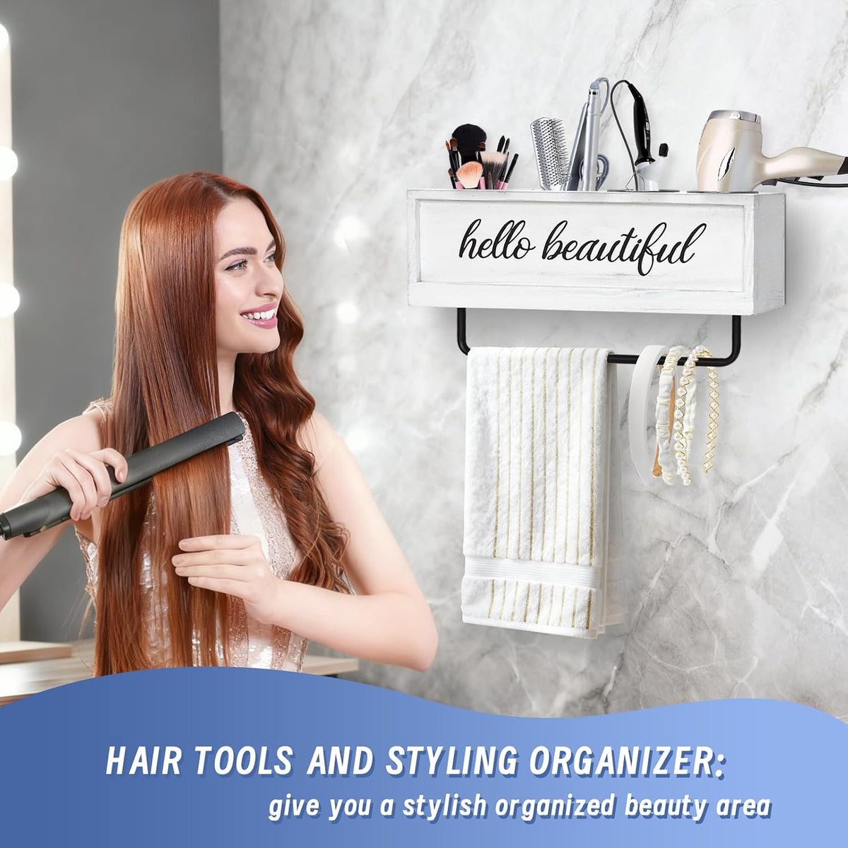 Hair Dryer Holder Wall Mounted, Hair Tools and Styling Organizer with Towel Bar, Farmhouse Beauty Hair Appliance Holder for Flat Iron, Curling Wand, Towel Rack (White)