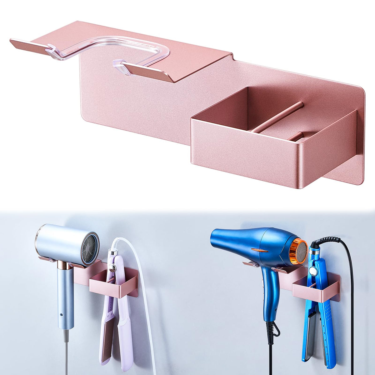 Hair Dryer and Straightener Holder Wall Mounted, Metal Adhesive Hair Tool Organizer for Blow Dryer, Curling Iron, Flat Iron, Bathroom Vanity Salon Barber Shops (Silver)
