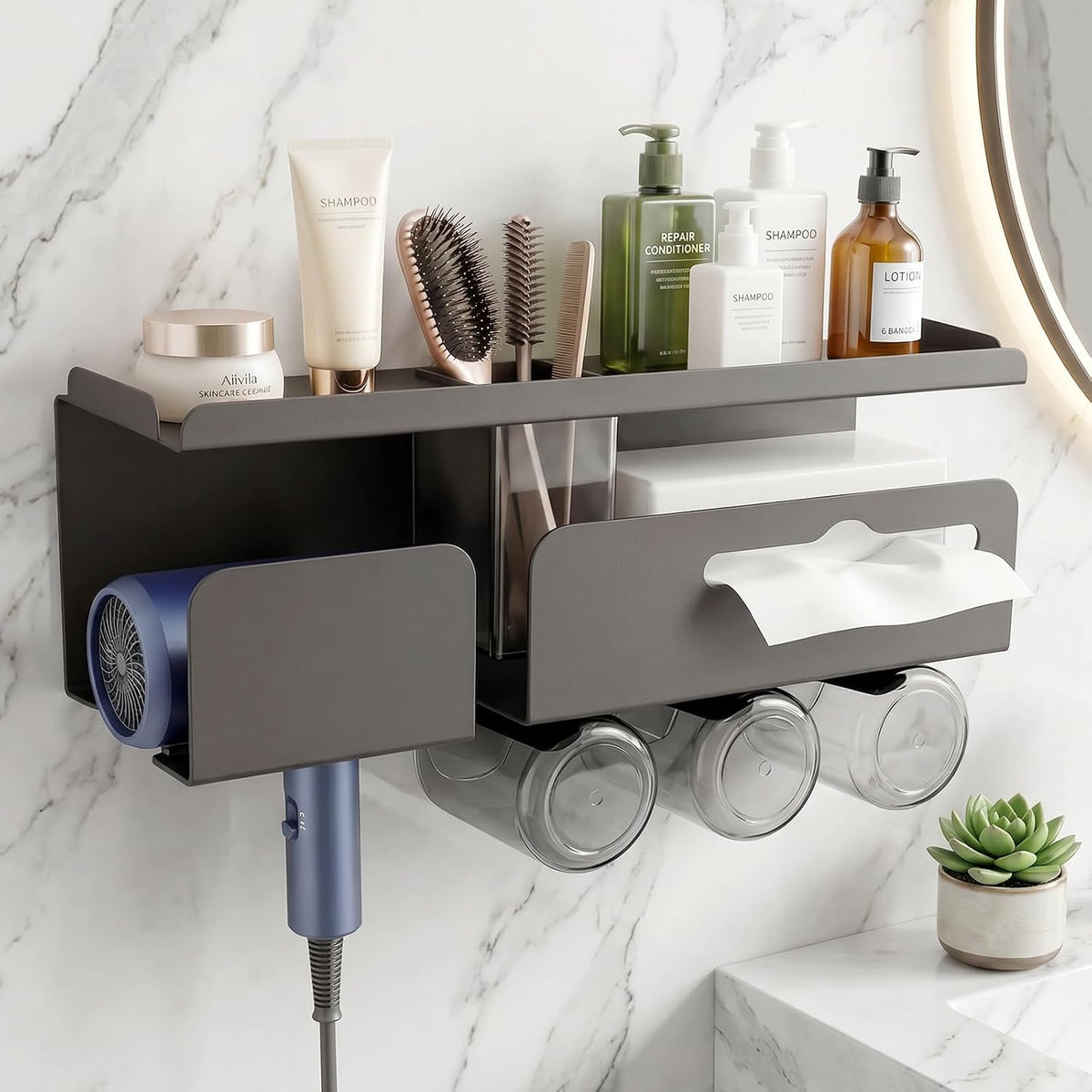 Hair Dryer Holder Wall Mount Metal,Adhesive/Drilling Bathroom Organizer with Shelf,Tissue Box&3 Free Cups,Rustproof Rack for Hair Styling Tools&Toothbrush,Grey