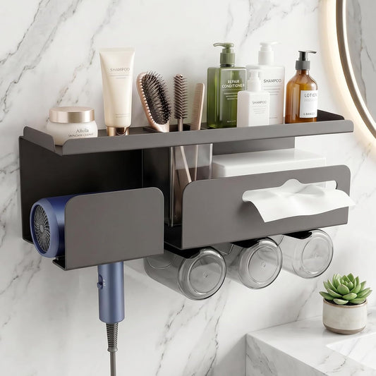 Hair Dryer Holder Wall Mount Metal,Adhesive/Drilling Bathroom Organizer with Shelf,Tissue Box&3 Free Cups,Rustproof Rack for Hair Styling Tools&Toothbrush,Grey