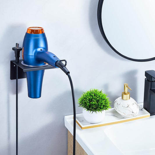 Blow Dryer Holder Wall Mounted, Hair Dryer Holder, Metal Hair Tool Organizer for Blow Dryer Organizer Storage for Vanity Bathroom Barber Shop (Black)