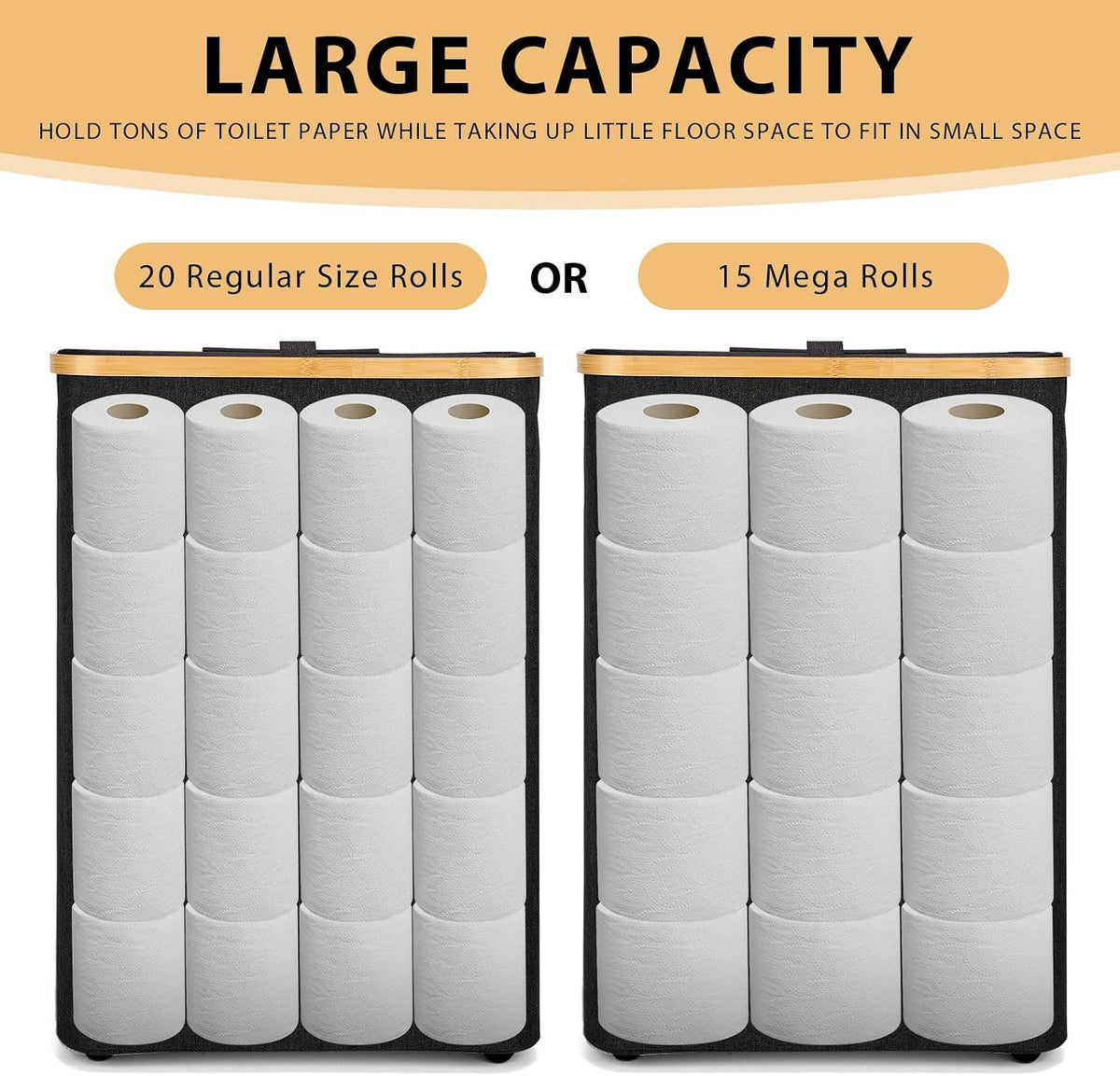 Odonata Large Toilet Paper Storage Basket with Lid, Slim Toilet Paper Organizer, Hold up to 20 Regular Rolls or 15 Mega Rolls. (Black, 49L)