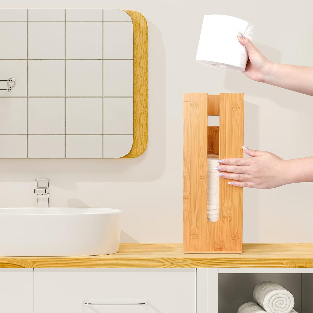GOBAM Bamboo Toilet Paper Storage - Fits 3 Mega Toilet Paper, Bathroom Organizer, Toilet Paper Holder Stand, Bamboo Bathroom Accessories - Natural, 5.9 x 5.9 x 16.1 inches