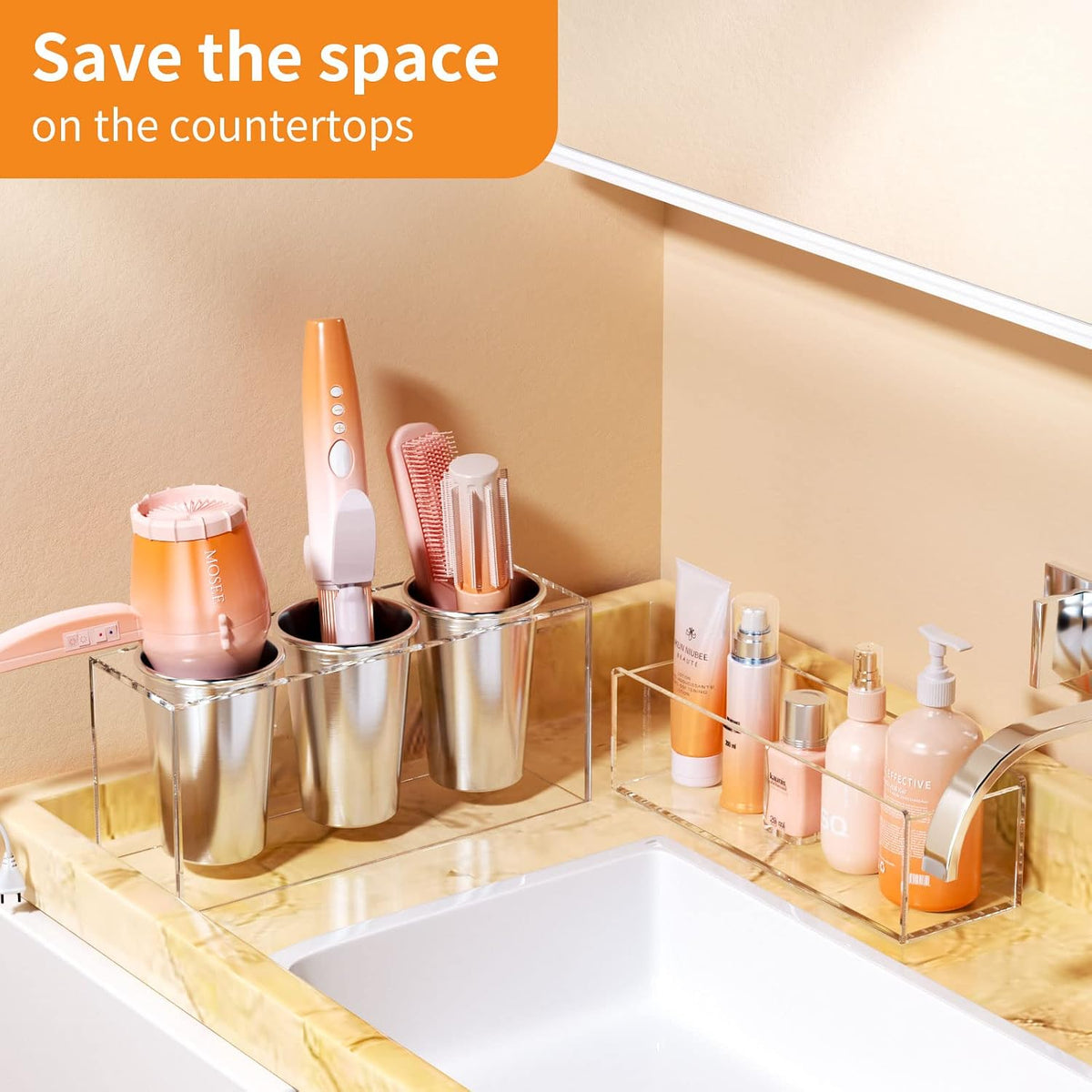 NIUBEE Acrylic Hair Tool Organizer,Hair Blow Dryer Holder with 3 Cups,Clear