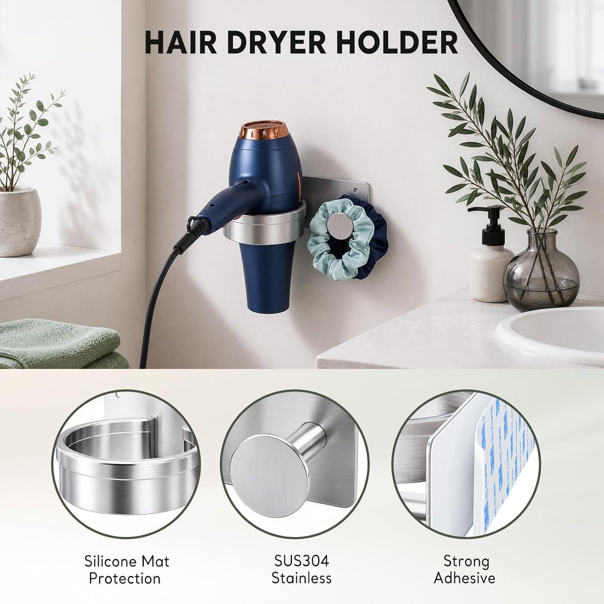 Blow Dryer Holder Wall Mounted, Self Adhesive Hair Dryer Holder