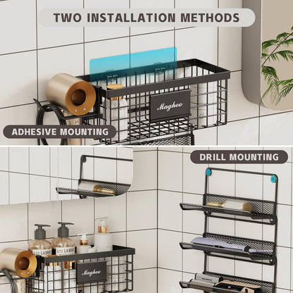 Magheo Hair Dryer Holder Wall Mounted, Adheisve Hair Tool Organizer for hair Brush/Appliance Wall Mount with 5 Tier Shelf Basket Hooks Blow Dryer and Straightener Holder for Bathroom(Black)