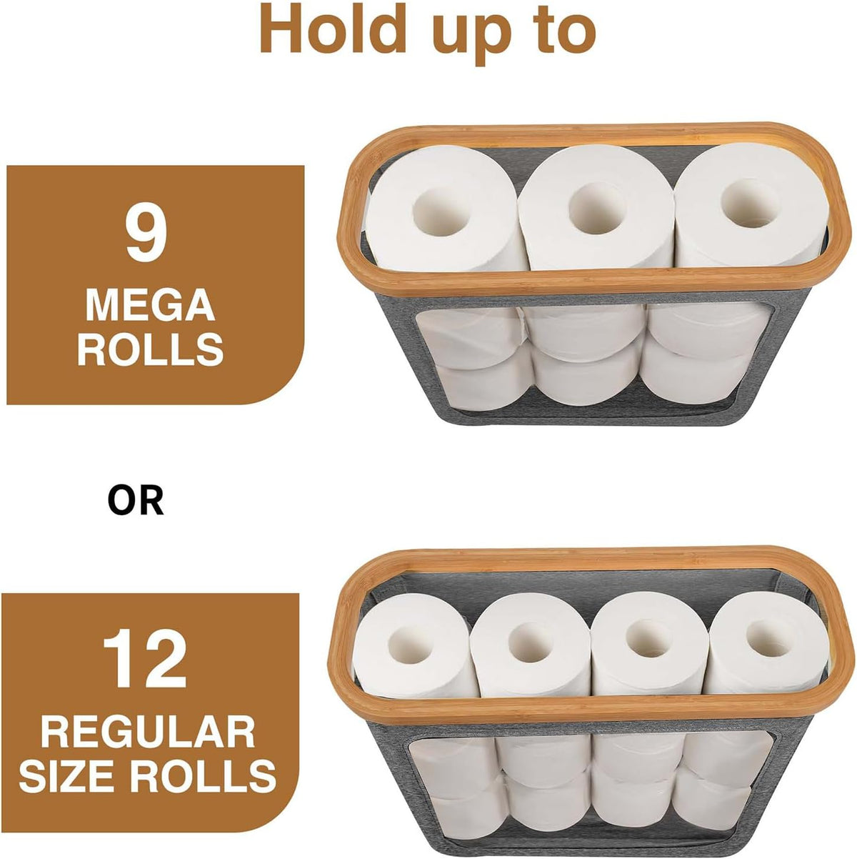 Toilet Paper Storage with Bamboo Lid,Foldable Basket Organizer for Bathroom, Holds 9 Mega/12 Regular Rolls, Waterproof Toilet Paper Holder Storage with Non-Slip Base,Gray