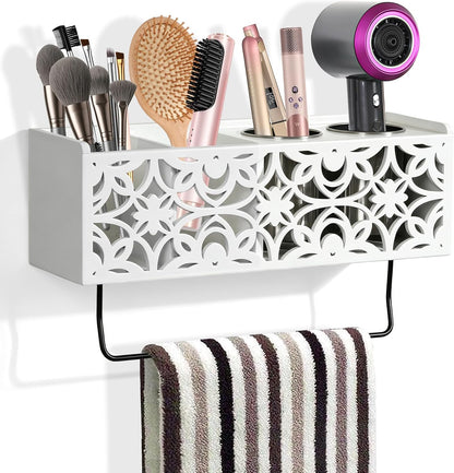 Hair Dryer Holder Wall Mounted with Stainless Steel Cups and Towel Bar