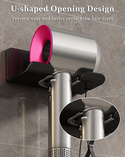 Universal Hair Dryer Holder - Wall Mounted Storage Rack for Hair Dryers, No Punching, with Plug and Power Cord Organizer, Self Adhesive for Cabinet Bathroom (Black)