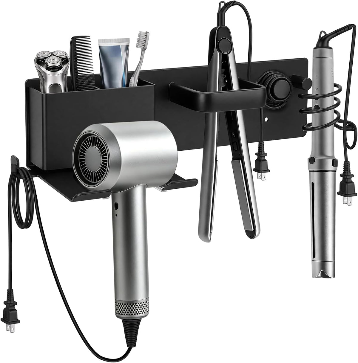 Hair Dryer Holder Wall Mount with 2 Storage Compartments, Aerospace Aluminum Blow Dryer Curling Iron Flat Iron Holder, No Drill Adhesive Bathroom Hair Tool Organizer, Heat Resistant (Black)