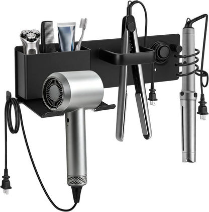 Hair Dryer Holder Wall Mount with 2 Storage Compartments, Aerospace Aluminum Blow Dryer Curling Iron Flat Iron Holder, No Drill Adhesive Bathroom Hair Tool Organizer, Heat Resistant (Black)
