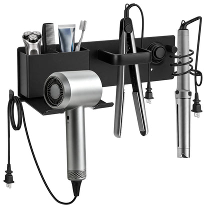 Hair Dryer Holder Wall Mount with 2 Storage Compartments, Aerospace Aluminum Blow Dryer Curling Iron Flat Iron Holder, No Drill Adhesive Bathroom Hair Tool Organizer, Heat Resistant (Black)