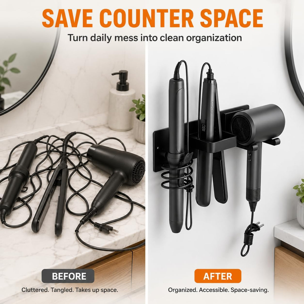 Hair Dryer Holder Wall Mount, 3 in 1 Hair Tool Organizer for Bathroom with Curling Iron & Flat Iron Holders, Blow Dryer Holder for Hairs Tool Storage, Black