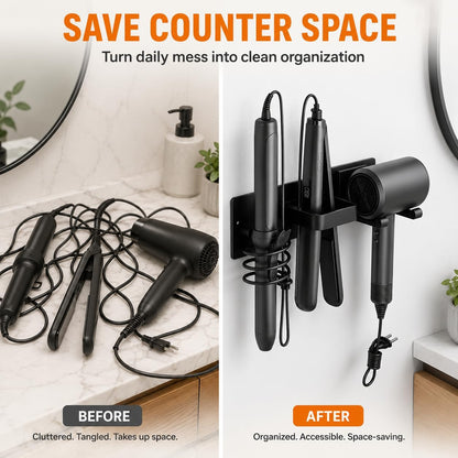 Hair Dryer Holder Wall Mount, 3 in 1 Hair Tool Organizer for Bathroom with Curling Iron & Flat Iron Holders, Blow Dryer Holder for Hairs Tool Storage, Black