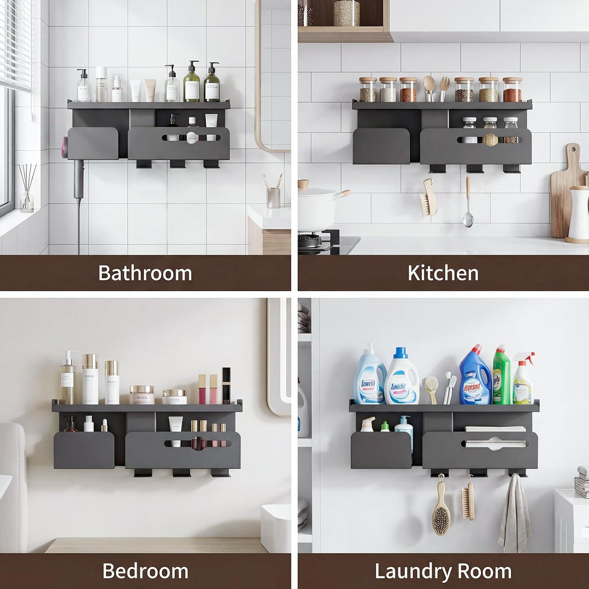 Hair Dryer Holder Wall Mount Metal,Adhesive/Drilling Bathroom Organizer with Shelf,Tissue Box&3 Free Cups,Rustproof Rack for Hair Styling Tools&Toothbrush,Grey