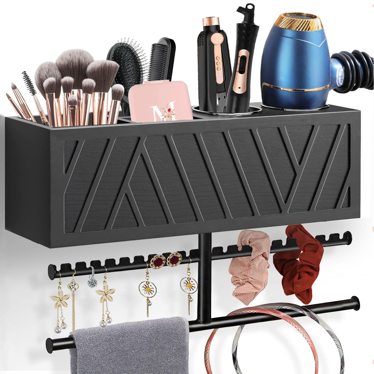 Rustic Hair Dryer Holder Wall Mounted,Hair Styling Tools & Accessories Organizer,Bathroom Supplies & hot Tools vanities Organizer Caddy,for Storage Flat Iron,Blow Dryer,Curling Iron (White)