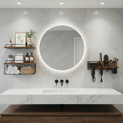 3-Tier Bathroom Floating Shelves with Hair Dryer Holder, Brown
