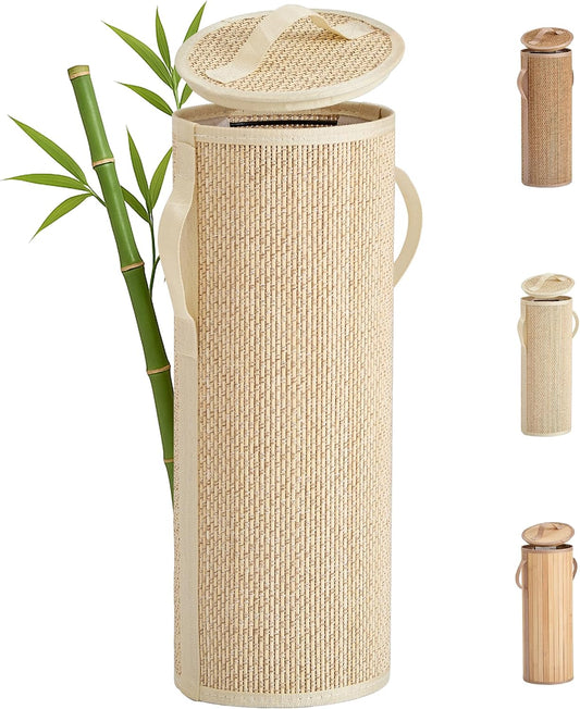 Bamboo Toilet Paper Storage Basket with Lid & Handle - 10L Handwoven Bathroom Organizer for 4 Rolls - Sturdy Stand Holder for Toilet Paper Organization, Light Natural