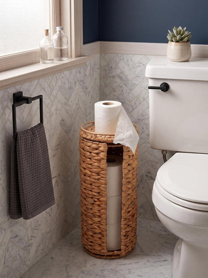 Extra Toilet Paper Storage with Lid and Liner Holds 3-4 MEGA Rolls, Water Hyacinth Ratten Toilet Paper Holder Free Stand Decorative Boho Covered Enclosed Tissue Organizer for Bathroom