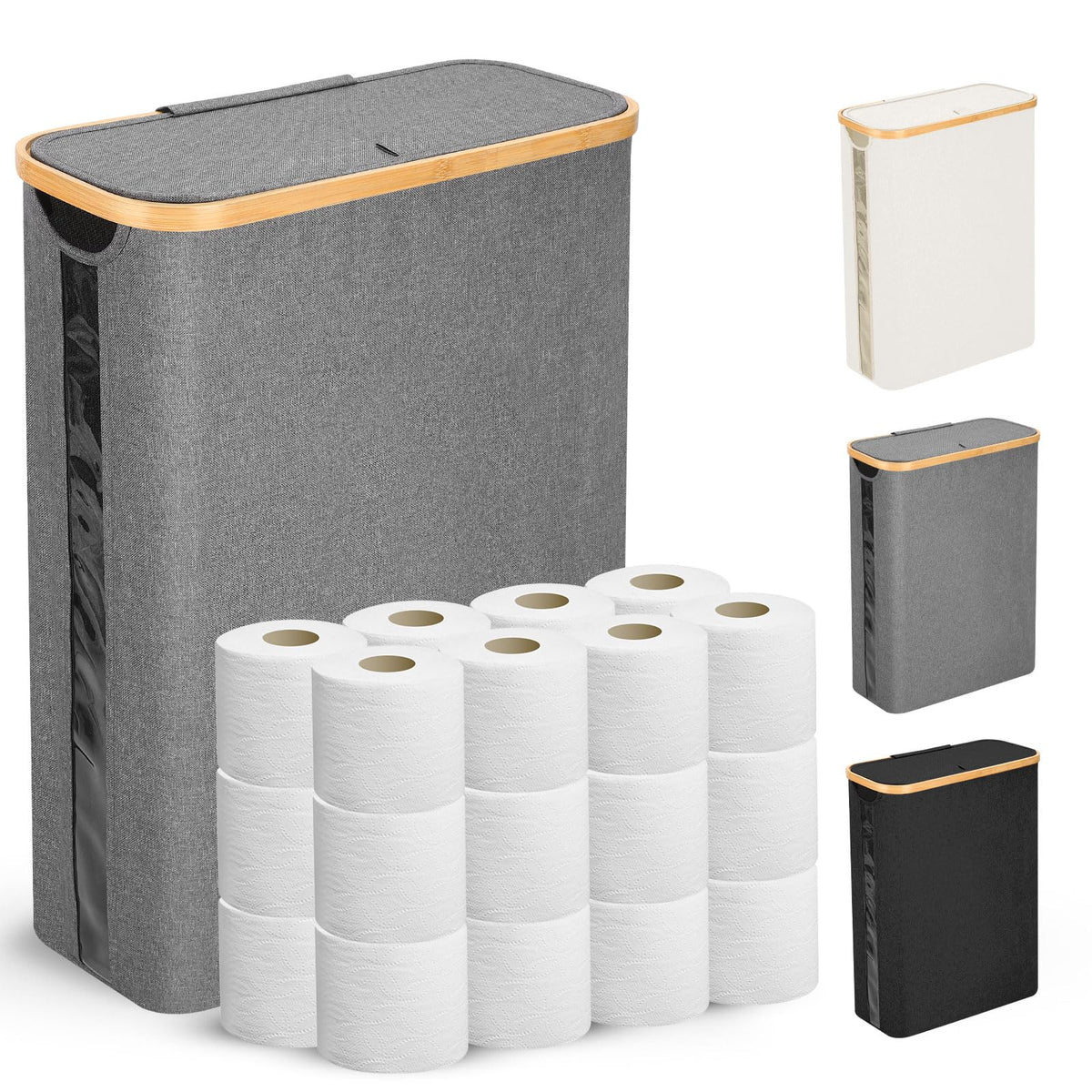 Odonata Large Toilet Paper Storage Basket with Lid, Slim Toilet Paper Organizer, Hold up to 20 Regular Rolls or 15 Mega Rolls. (Black, 49L)