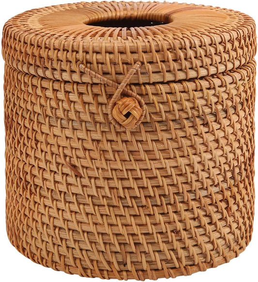 Round Rattan Tissue Box Vine Roll Holder Toilet Paper Cover Dispenser for Barthroom,Home,Hotel and Office