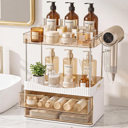 Bathroom Counter Organizer with Hair Dryer Holder, 2 Tier Storage Drawers
