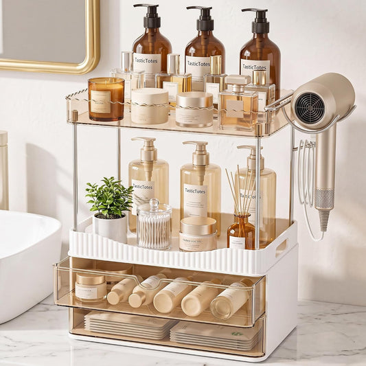 Bathroom Counter Organizer with Hair Dryer Holder, 2 Tier Storage Drawers
