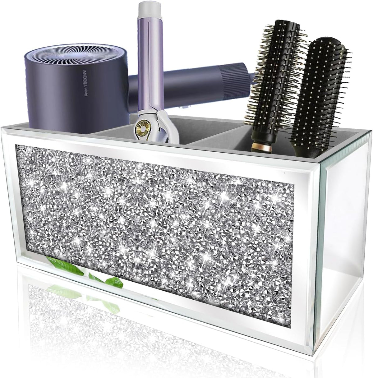 Mirror Hair Dryer Holder. Crystal Crush Diamond Hair Tool Organizer Wall Mount. Silver Bathroom Cabinet Tray for Blow Dryers, Hairdryer Straightener, Brushes and Combs.(10.5”x4”x5”)