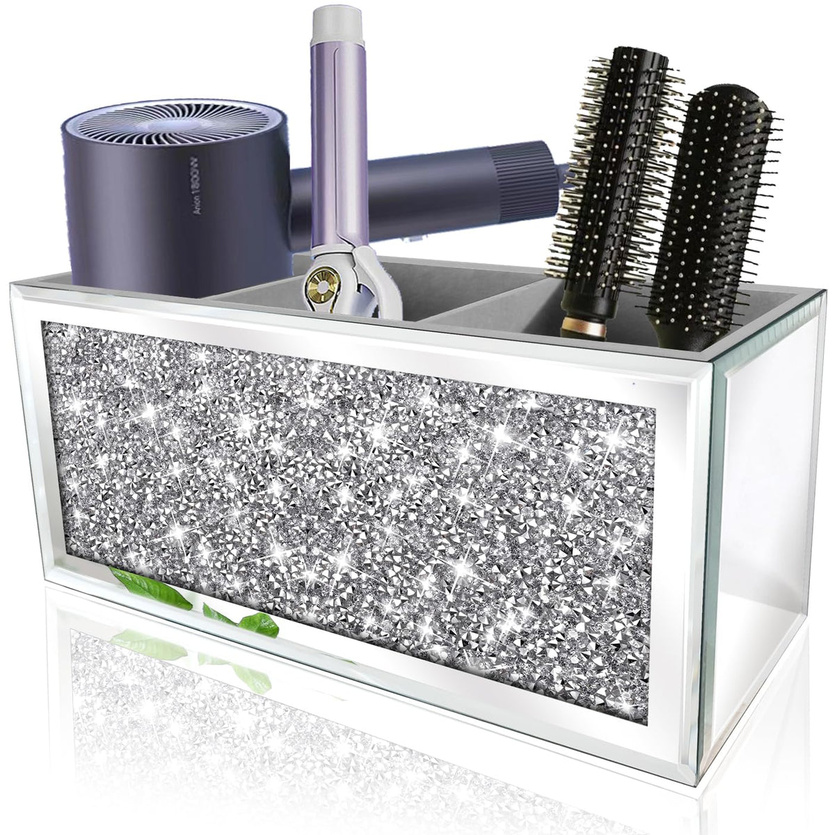 Mirror Hair Dryer Holder. Crystal Crush Diamond Hair Tool Organizer Wall Mount. Silver Bathroom Cabinet Tray for Blow Dryers, Hairdryer Straightener, Brushes and Combs.(10.5”x4”x5”)