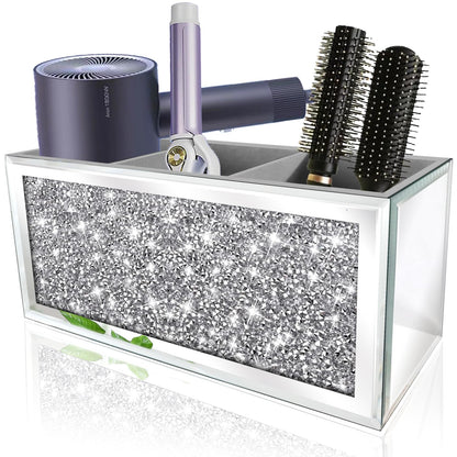 Mirror Hair Dryer Holder. Crystal Crush Diamond Hair Tool Organizer Wall Mount. Silver Bathroom Cabinet Tray for Blow Dryers, Hairdryer Straightener, Brushes and Combs.(10.5”x4”x5”)