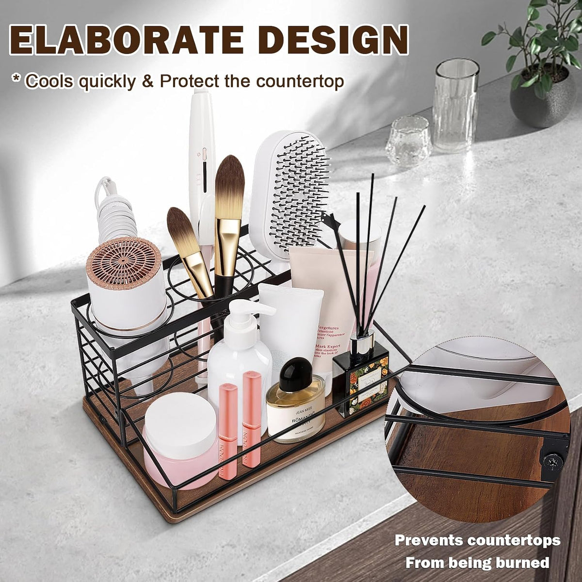 Hair Tool Organizer, Movable Hair Dryer Holder, Hair Styling Tools Storage for Vanity, Bath Counter Organizer, Bathroom Trays for Hair Toiletry, Makeup (12" x 7.7" x 5.8", Wood-Black)