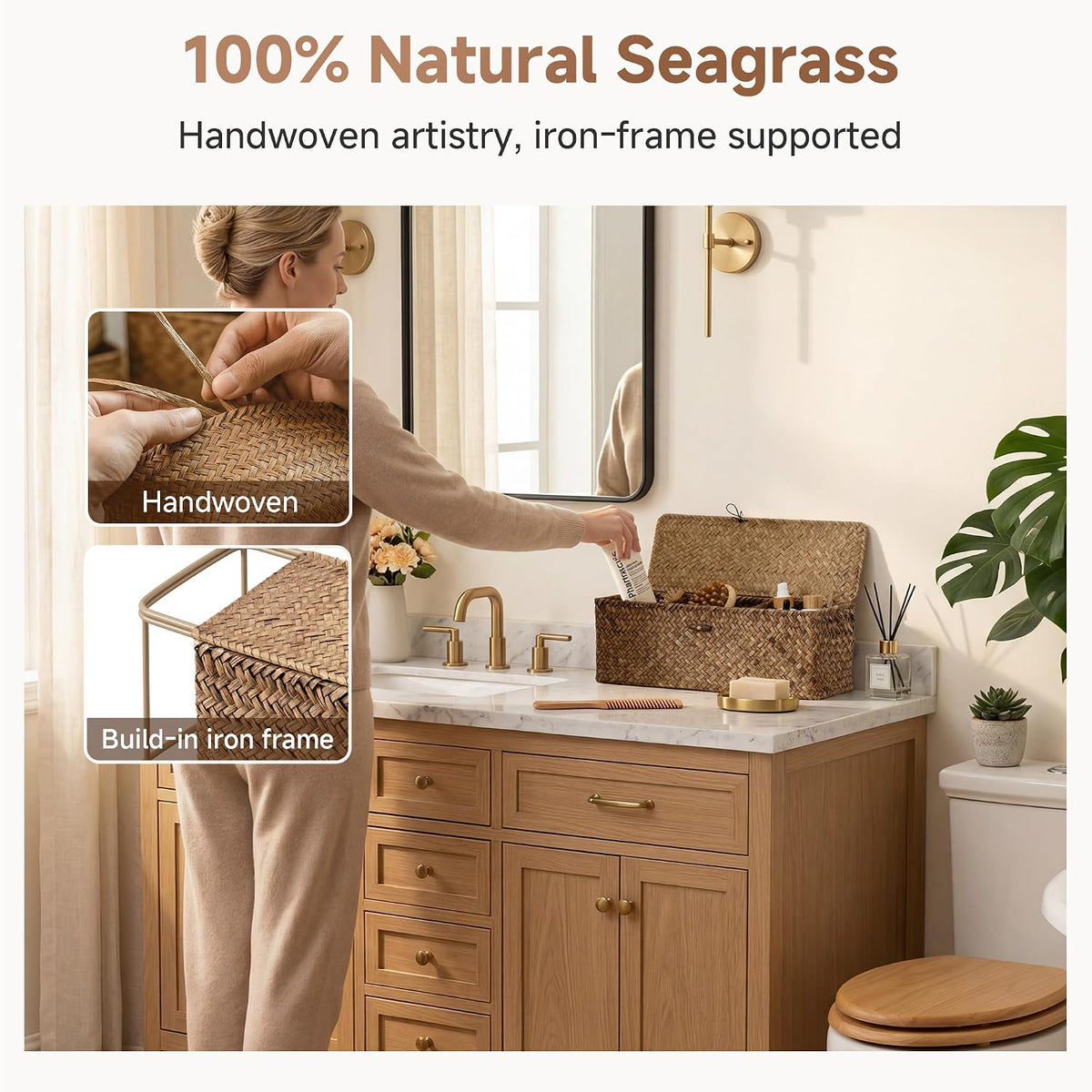 StorageWorks Wicker Basket with Lids, Large Toilet Paper Basket, Seagrass