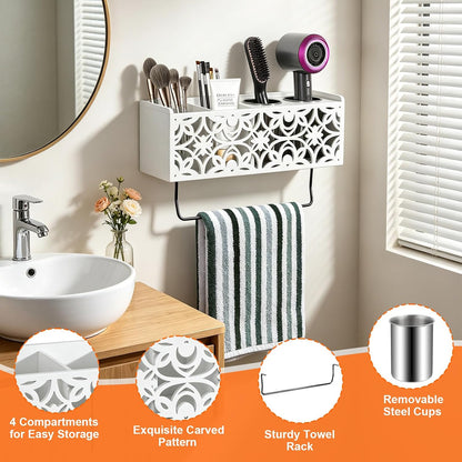 Hair Dryer Holder Wall Mounted with Stainless Steel Cups and Towel Bar