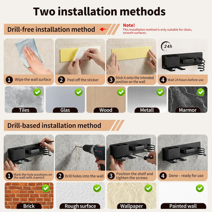 No-Drill Hair Dryer Holder Wall Mount with Storage Compartment for Bathroom